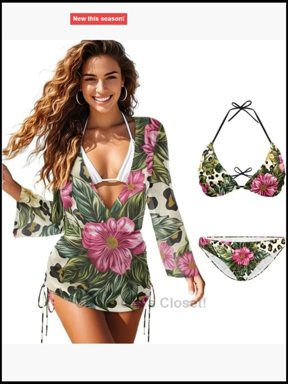 3-Piece Bikini Set with Cover Up Triangle Top Adjustable Straps Floral Pattern